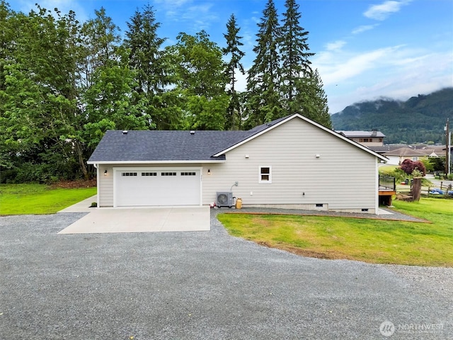 281 Shallow Shore Rd, Bellingham, WA 98229 - view of front of property featuring driveway, a front lawn, an attached garage, roof with shingles, and a mountain view