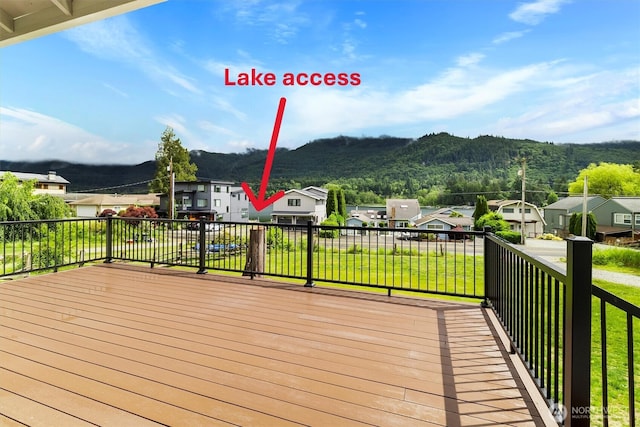 281 Shallow Shore Rd, Bellingham, WA 98229 - deck featuring a residential view, a mountain view, and a yard