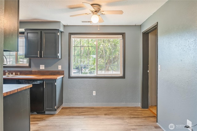 642 SW 5th Ave, Castle Rock, WA 98611 - kitchen featuring black dishwasher, light wood finished floors, a ceiling fan, butcher block counters, and a textured wall