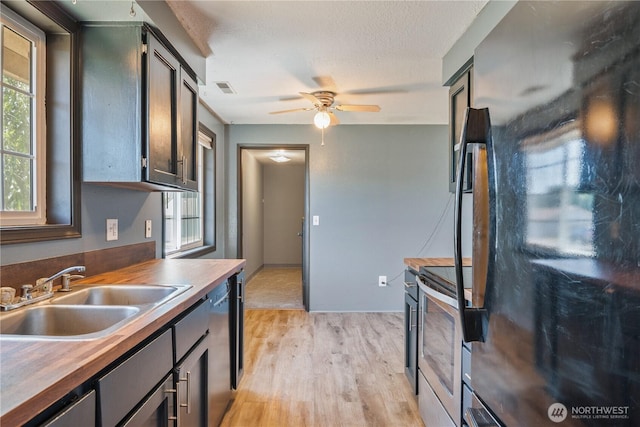 642 SW 5th Ave, Castle Rock, WA 98611 - kitchen featuring appliances with stainless steel finishes, light wood-type flooring, ceiling fan, and wooden counters