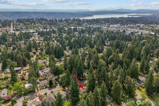13523 23rd Pl NE, Seattle, WA 98125 - aerial view of property's location with a water and mountain view and a heavily wooded area