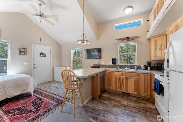 968 Cagle Gulch Rd, Chelan, WA 98816 - kitchen featuring high vaulted ceiling, white appliances, a peninsula, a ceiling fan, and light countertops