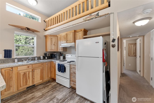 968 Cagle Gulch Rd, Chelan, WA 98816 - kitchen featuring white appliances, under cabinet range hood, light brown cabinets, light countertops, and wood finished floors