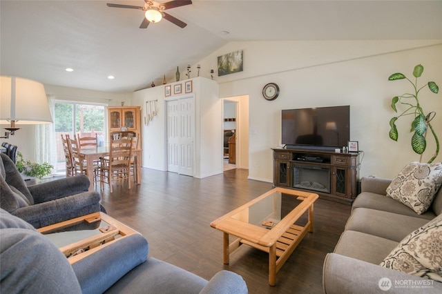 117 Bufflehead St SW, Ocean Shores, WA 98569 - living room with lofted ceiling, ceiling fan, wood finished floors, and recessed lighting