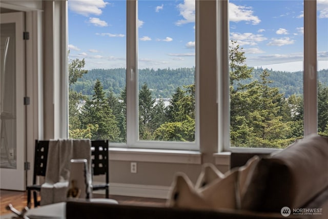 18707 SE Newport Way Unit 208, Issaquah, WA 98027 - sitting room with a forest view, plenty of natural light, and wood finished floors
