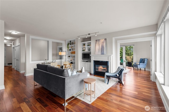 18707 SE Newport Way Unit 208, Issaquah, WA 98027 - living room with wood finished floors, built in features, and a fireplace with flush hearth