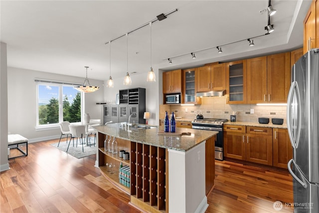 18707 SE Newport Way Unit 208, Issaquah, WA 98027 - kitchen featuring stainless steel appliances, brown cabinets, track lighting, under cabinet range hood, and stone countertops