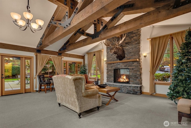 18707 SE Newport Way Unit 208, Issaquah, WA 98027 - carpeted living area with high vaulted ceiling, healthy amount of natural light, beamed ceiling, a stone fireplace, and a chandelier
