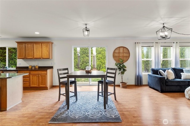1662 Jensen Ave, Dupont, WA 98327 - dining area with plenty of natural light, crown molding, light wood-type flooring, a chandelier, and recessed lighting