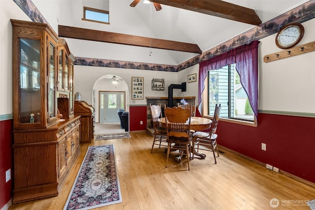 15526 SE 344th St, Auburn, WA 98092 - dining area featuring ceiling fan, healthy amount of natural light, beam ceiling, light wood-style flooring, and high vaulted ceiling