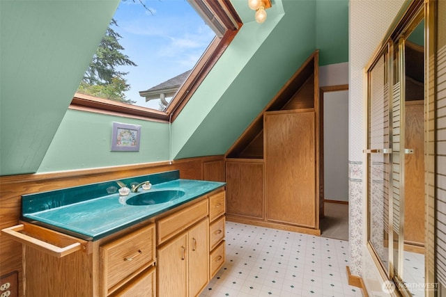 15526 SE 344th St, Auburn, WA 98092 - bathroom featuring tile patterned floors, vanity, and a skylight
