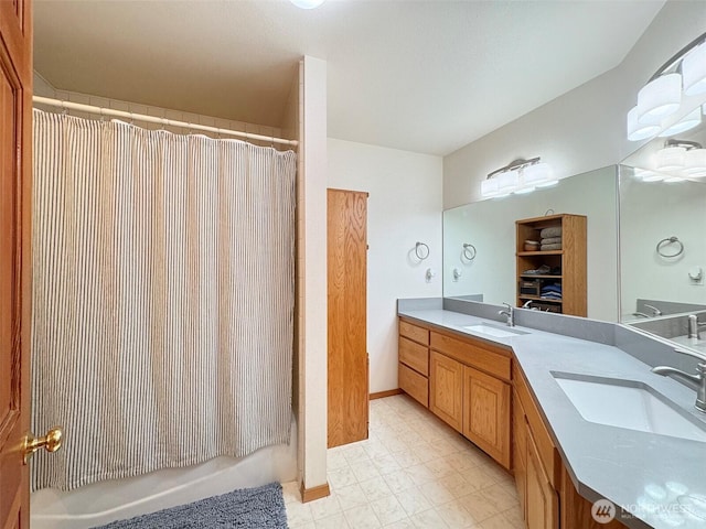 412 Doe Run Rd, Sequim, WA 98382 - full bath featuring double vanity and shower / bathtub combination with curtain