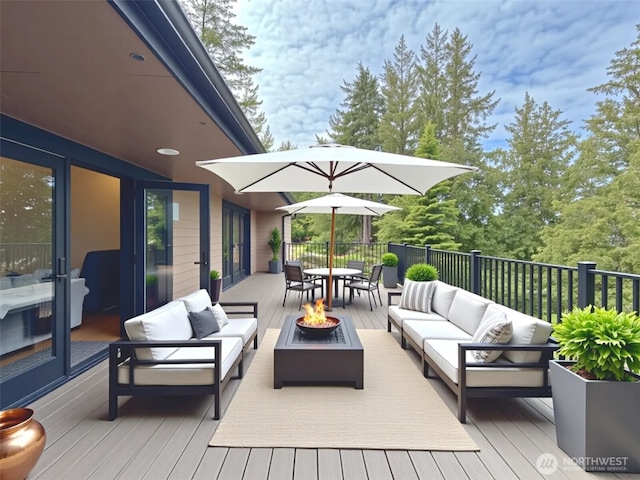 412 Doe Run Rd, Sequim, WA 98382 - wooden terrace with an outdoor living space with a fire pit