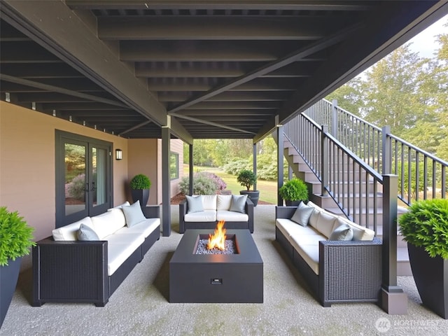 412 Doe Run Rd, Sequim, WA 98382 - view of patio with an outdoor living space with a fire pit and stairs
