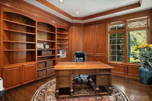 24817 NE 20th St, Sammamish, WA 98074 - office area with crown molding, dark wood-style floors, and recessed lighting