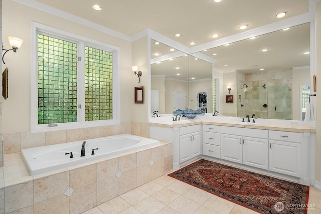 24817 NE 20th St, Sammamish, WA 98074 - bathroom with a stall shower, vanity, a bath, crown molding, and tile patterned flooring