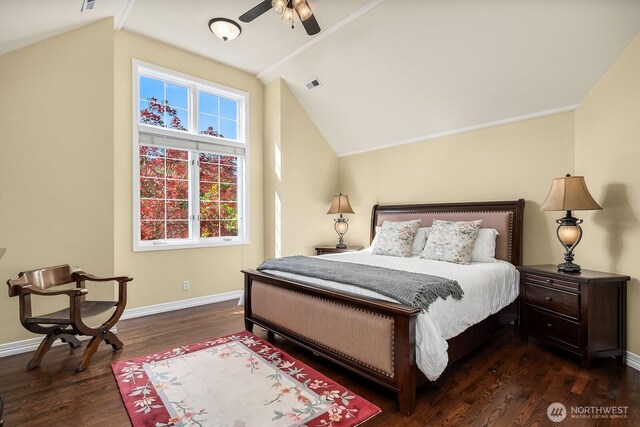 24817 NE 20th St, Sammamish, WA 98074 - bedroom with lofted ceiling, dark wood-style floors, and a ceiling fan