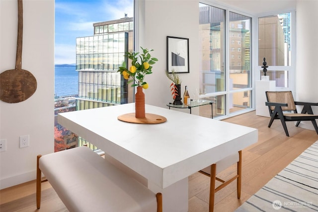 121 Stewart St Unit 1407, Seattle, WA 98101 - dining space featuring floor to ceiling windows, plenty of natural light, light wood-style flooring, and a water view