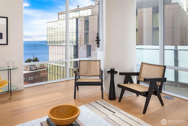 121 Stewart St Unit 1407, Seattle, WA 98101 - living area with wood finished floors, a water view, healthy amount of natural light, and a wall of windows
