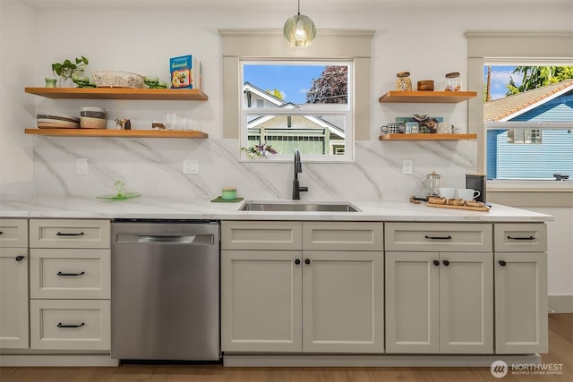 702 34th St, Everett, WA 98201 - kitchen with dishwasher, open shelves, backsplash, and light stone countertops