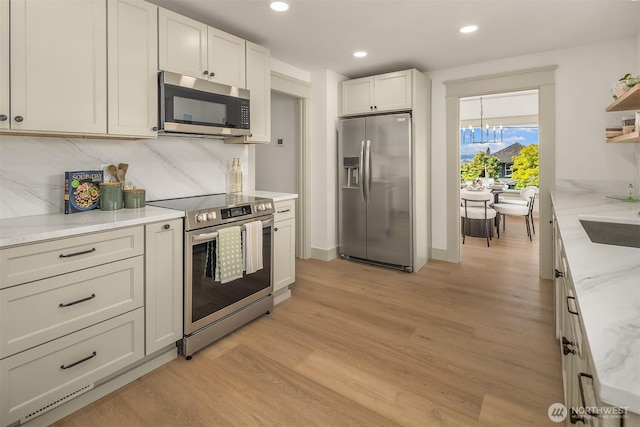 702 34th St, Everett, WA 98201 - kitchen featuring appliances with stainless steel finishes, light wood finished floors, recessed lighting, tasteful backsplash, and open shelves