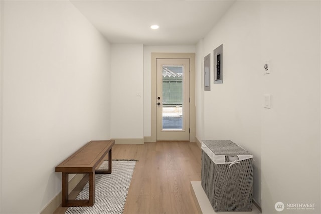702 34th St, Everett, WA 98201 - doorway to outside featuring light wood-style flooring, electric panel, and recessed lighting