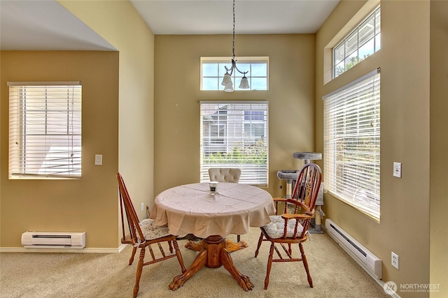 14007 69th Dr SE Unit W2, Snohomish, WA 98296 - dining area with a baseboard heating unit, light carpet, plenty of natural light, and baseboard heating