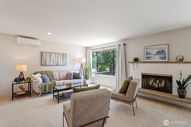 8815 221st Pl SW, Edmonds, WA 98026 - living area with a wall unit AC, light carpet, a brick fireplace, and recessed lighting