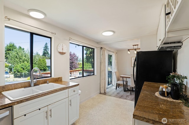 8815 221st Pl SW, Edmonds, WA 98026 - kitchen featuring dark countertops, white cabinets, dishwasher, and freestanding refrigerator
