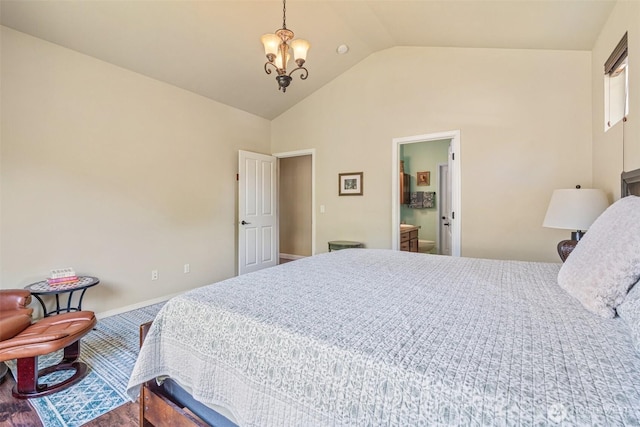 9127 Periwinkle Loop NE, Olympia, WA 98516 - carpeted bedroom featuring vaulted ceiling, a chandelier, and ensuite bath