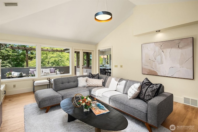 9201 24th Ave NW, Seattle, WA 98117 - living room featuring high vaulted ceiling and light wood-type flooring