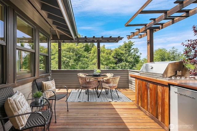 9201 24th Ave NW, Seattle, WA 98117 - deck with a pergola, exterior kitchen, and outdoor dining space