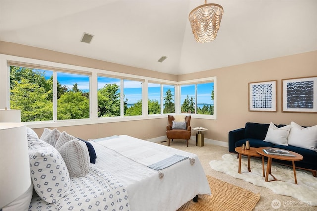 9201 24th Ave NW, Seattle, WA 98117 - bedroom featuring a chandelier, carpet flooring, and lofted ceiling