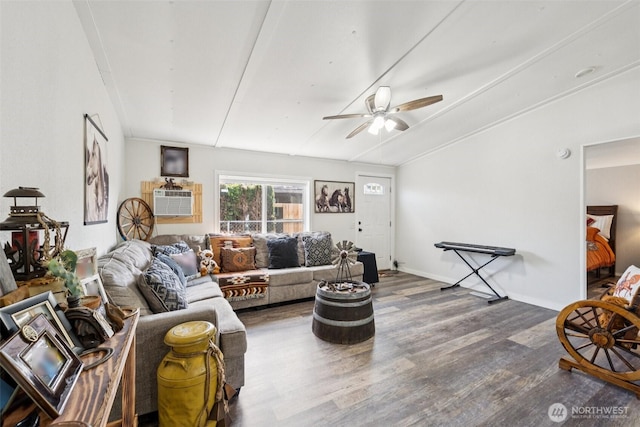 725 37th St SE Unit 36, Auburn, WA 98002 - living area featuring wood finished floors, a ceiling fan, and an AC wall unit