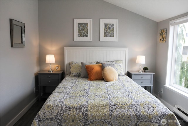 2010 Waverly Pl N, Seattle, WA 98109 - bedroom featuring baseboard heating, dark wood-style flooring, and vaulted ceiling