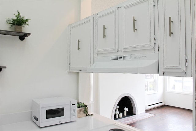 2010 Waverly Pl N, Seattle, WA 98109 - detailed view of white microwave, custom exhaust hood, light countertops, baseboard heating, and wood finished floors