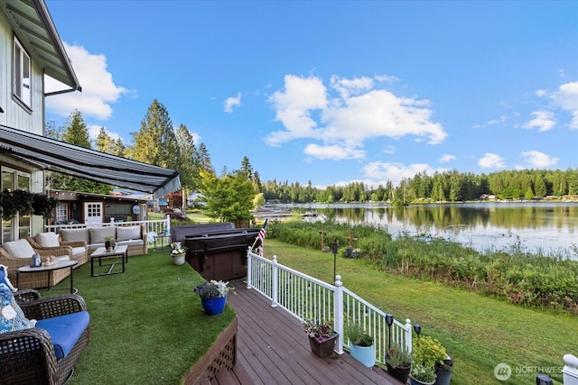 32421 Whitman Lake Dr E, Graham, WA 98338 - wooden deck featuring a water view, an outdoor living space, and a lawn