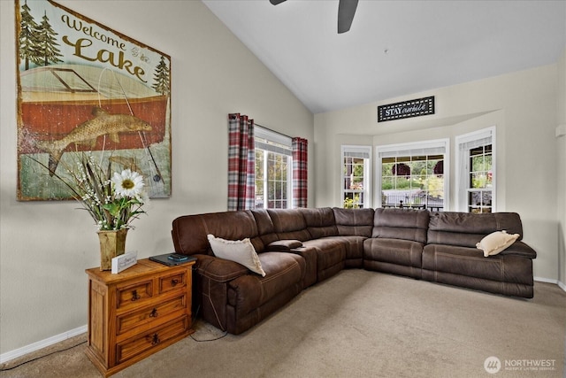 32421 Whitman Lake Dr E, Graham, WA 98338 - living area with carpet flooring, high vaulted ceiling, and ceiling fan