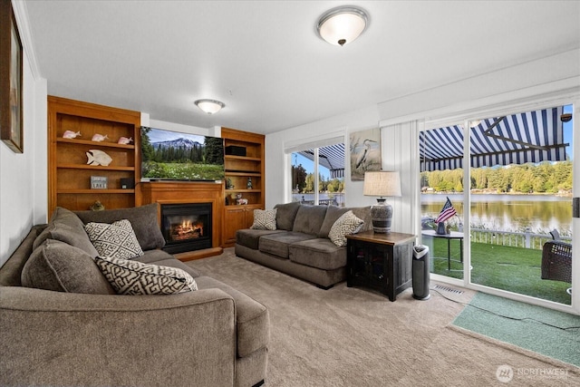 32421 Whitman Lake Dr E, Graham, WA 98338 - carpeted living room with a glass covered fireplace and built in features