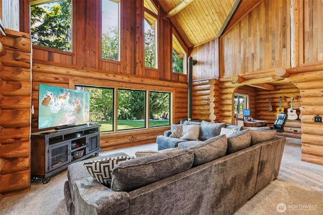8209 271st Ave E, Buckley, WA 98321 - living area featuring carpet, high vaulted ceiling, a wood stove, wooden ceiling, and rustic walls