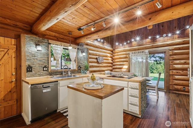 8209 271st Ave E, Buckley, WA 98321 - kitchen featuring butcher block countertops, dishwasher, rail lighting, white cabinets, and a wood ceiling with exposed beams