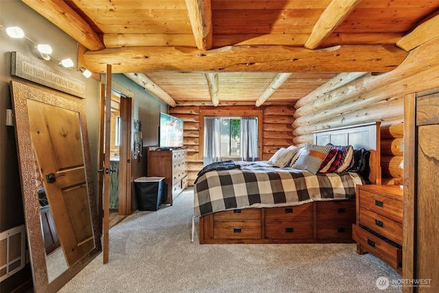 8209 271st Ave E, Buckley, WA 98321 - bedroom with a wood ceiling with exposed beams, light colored carpet, and rustic walls