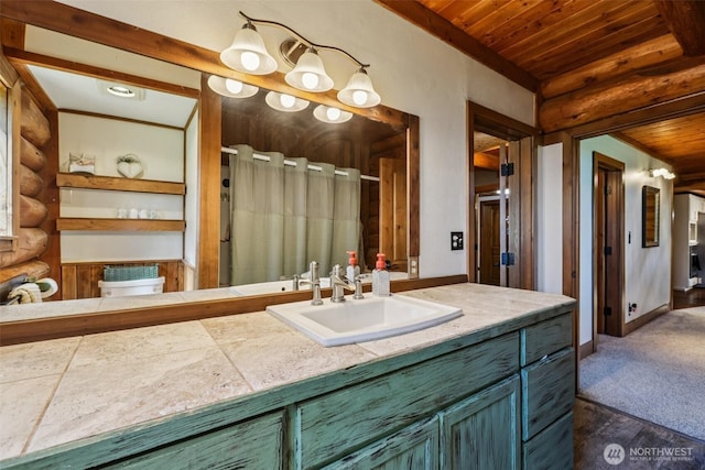 8209 271st Ave E, Buckley, WA 98321 - full bath with wooden ceiling, vanity, and curtained shower