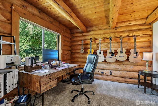 8209 271st Ave E, Buckley, WA 98321 - carpeted home office with a wood ceiling with exposed beams and rustic walls