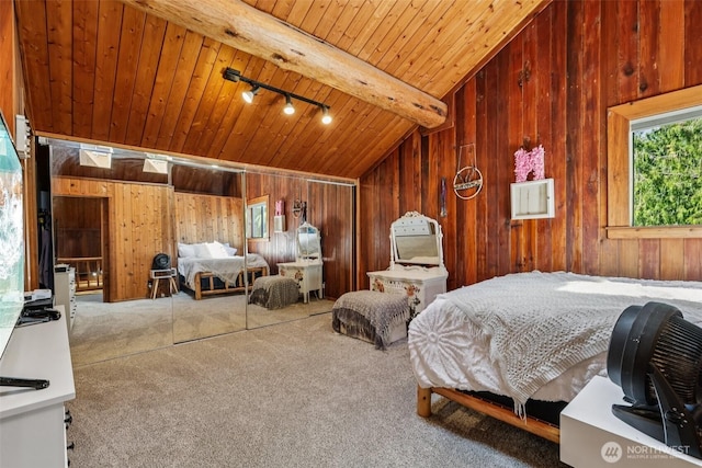 8209 271st Ave E, Buckley, WA 98321 - bedroom with lofted ceiling, carpet, wooden walls, rail lighting, and wood ceiling