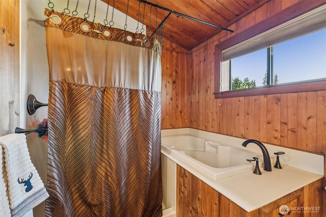 8209 271st Ave E, Buckley, WA 98321 - full bath featuring wood ceiling, a bath, vaulted ceiling, and wooden walls