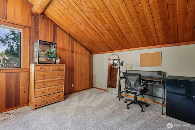 8209 271st Ave E, Buckley, WA 98321 - carpeted office featuring lofted ceiling, wood ceiling, and wooden walls
