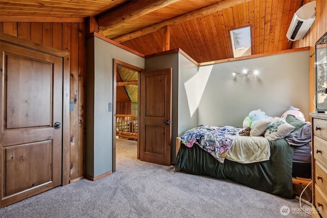 8209 271st Ave E, Buckley, WA 98321 - carpeted bedroom featuring a wall unit AC, wooden ceiling, wooden walls, and a skylight