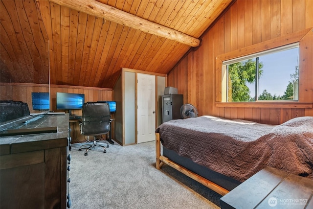 8209 271st Ave E, Buckley, WA 98321 - carpeted bedroom with wood walls, wood ceiling, and an office area