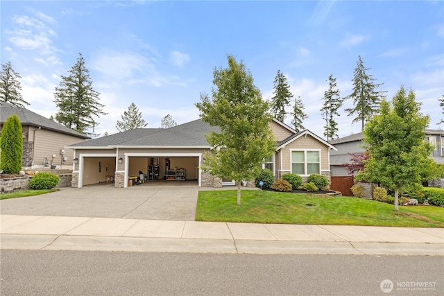 4837 Castleton Rd SW, Port Orchard, WA 98367 - view of front facade with an attached garage, driveway, a front lawn, and stone siding